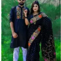 Dhupian Silk Skin Print Saree & Punjabi Couple Set – Black (For Men & Women)